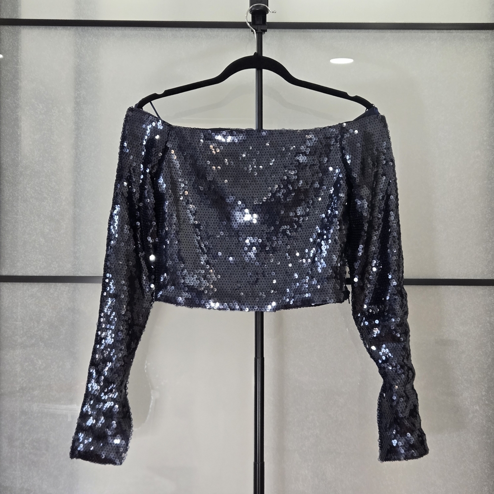 Mango Sequin Off Shoulder Crop Top Women US 6 Long Sleeve Evening Party Top